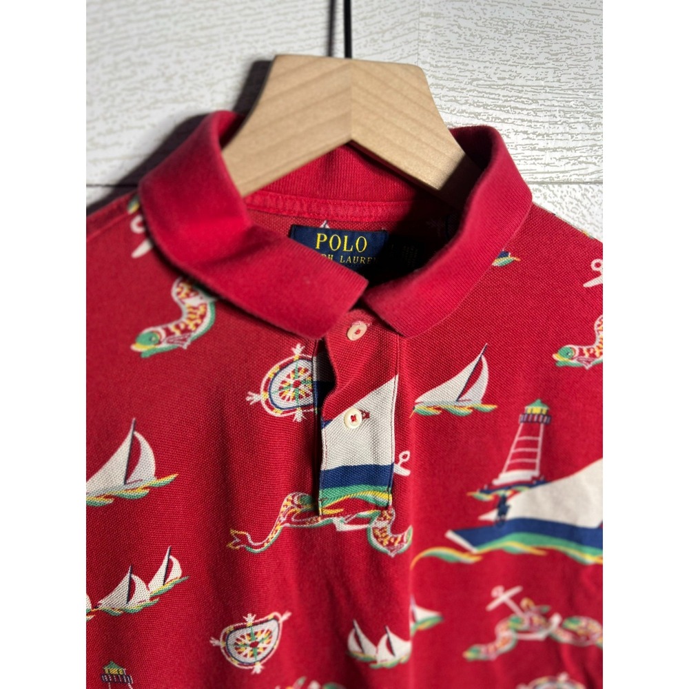 Polo Ralph Lauren Men L Custom Slim Fit Red Sailboat Sea Serpent Nautical Shirt